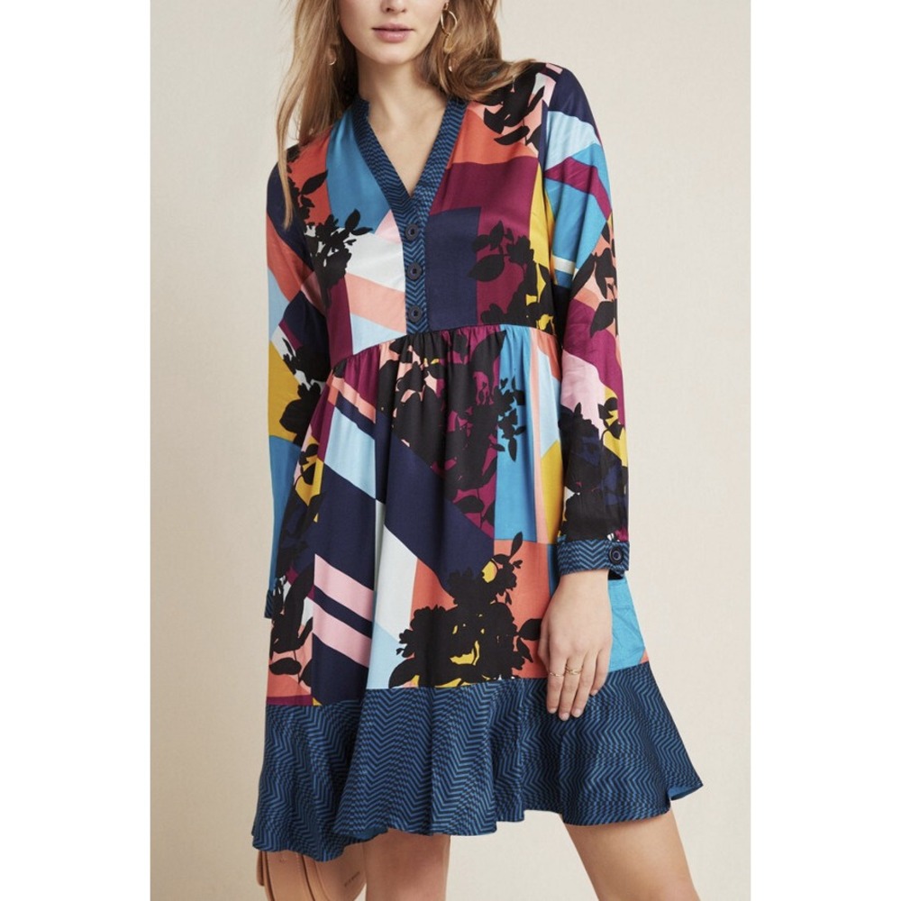 Anthropologie x Maeve Gillian Abstract Shirtdress Blue Black Shirt Dress LS XS - Picture 3 of 15